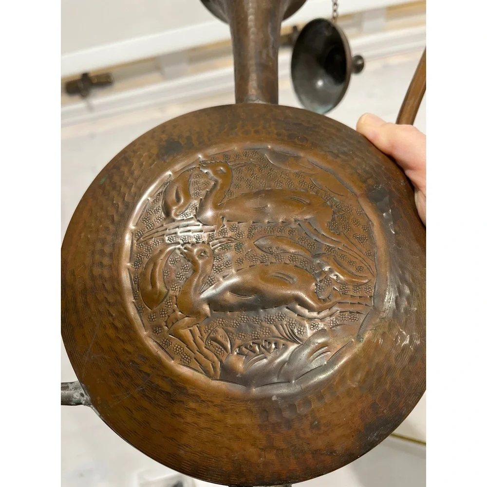 Vintage Copper Metal Water Pitcher Ewer‎ Embossed Figural Scene Spout Handle